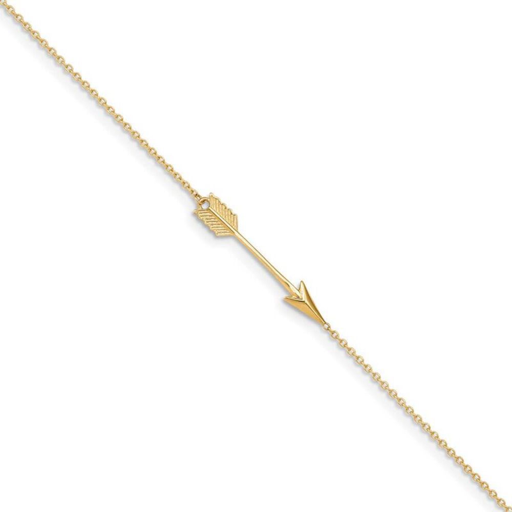 14k Yellow Gold Polished Arrow And 1mm Cable Chain Anklet, 9-10 Inch